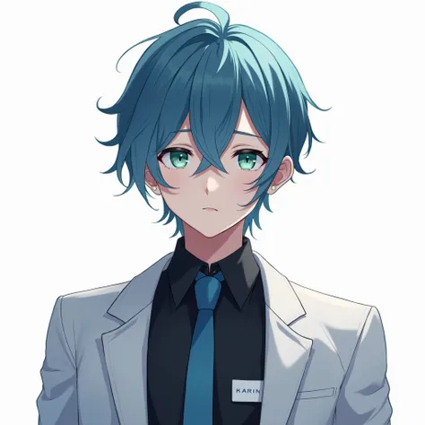 Anime boy with short blue and white hair, sea green eyes, wearing a black office shirt, blue tie, white name tag, and white coat. Half-body photo showing arms. Masterpiece No access right 