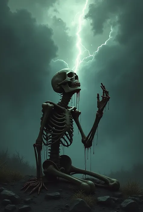 An eerie and detailed depiction of a skull crying tears of blood, kneeling with its bony hands raised toward the heavens in desperation. A divine, radiant beam of light shines down from the dark, stormy sky, piercing through thick clouds. The background is...