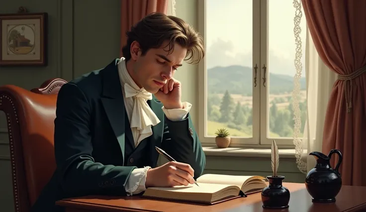 “A poet in the 1800s seated by a window, writing in a leather journal, with an ink bottle and quill nearby, surrounded by a tranquil ambiance.”