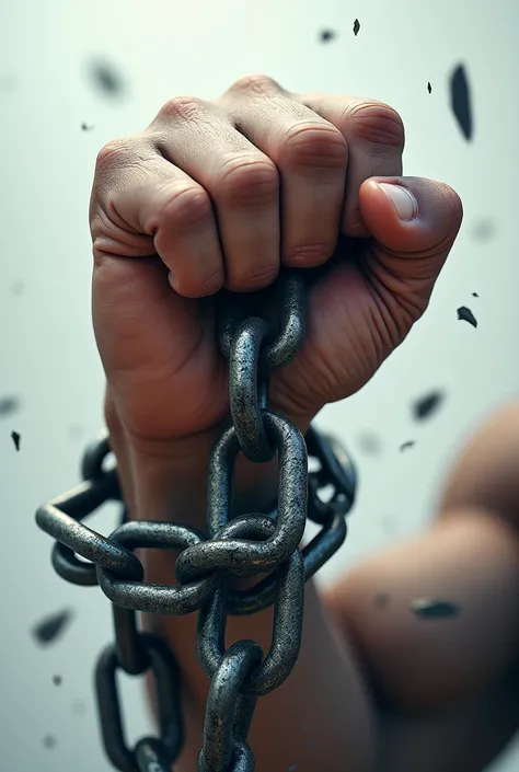 Generate a png image of fist holding big broken chain in palm
