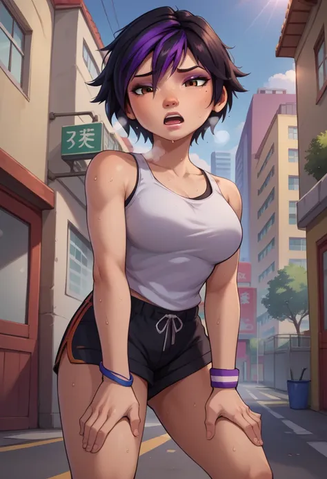 score_9, score_8_up, score_7_up, BREAK,gogotomago, 1girl, solo, short hair, black hair, jewelry, lo purple hair, bracelet, makeup, casual, cowboy shot, brown eyes, looking at the viewer, large breasts,outdoors,city, hands on knees, white tanktop, sweaty, b...