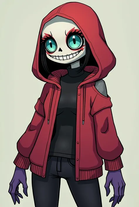 A skeleton monster Sans, she has turquoise pupils, red mascara under her eyes, wears a black tight turtleneck, and wears black pants, and on top she wears a red hoodie with a cutout on the chest, which is dressed a little to the shoulders, wears purple glo...