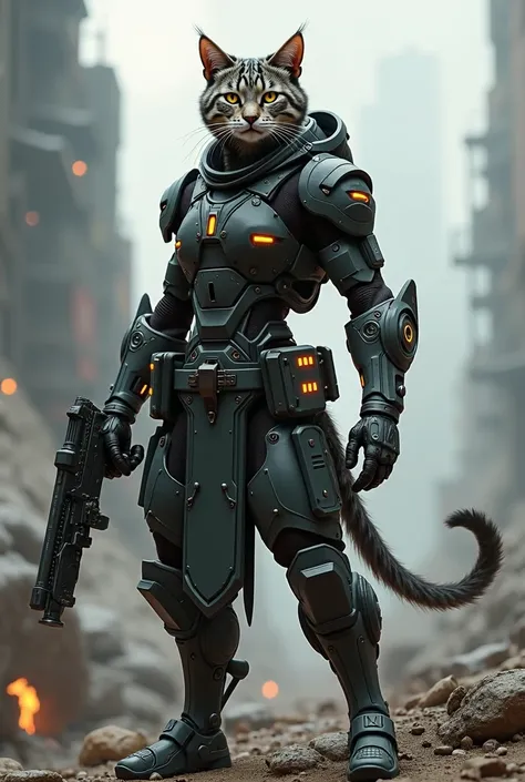 a humanoid cat soldier with a gas mask