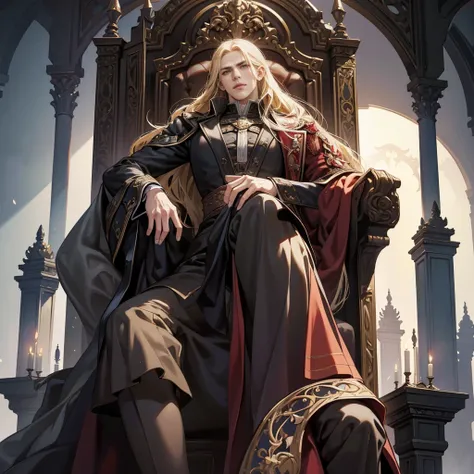 Castlevania Shadow Lord hyper realistic super detailed Dynamic shot masterpiece cinematic scene sitting in his big legendary throne with his men surrounding him hyper realistic super detailed cinematic scenes movie Epic Legendary different angle of view