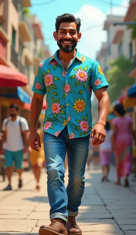 A kerala traditional funny face men walking oa city town.. Looking like age 35 handsome. Wearing jeans and  blue flowers  shirt. And shoe. Cartoon 3d style realistic