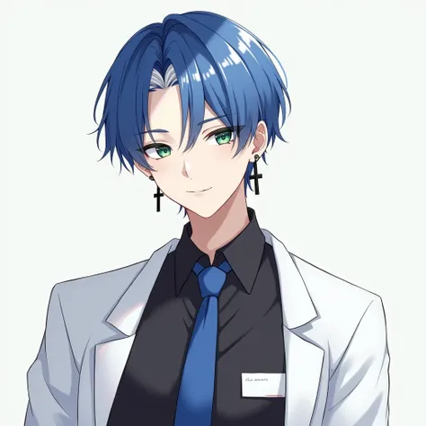 Anime boy with short blue with white hair, sea green eyes, wearing a black office shirt, blue ribbon , white name tag, and white coat. Half-body photo showing arms. Wear black cross earrings. 