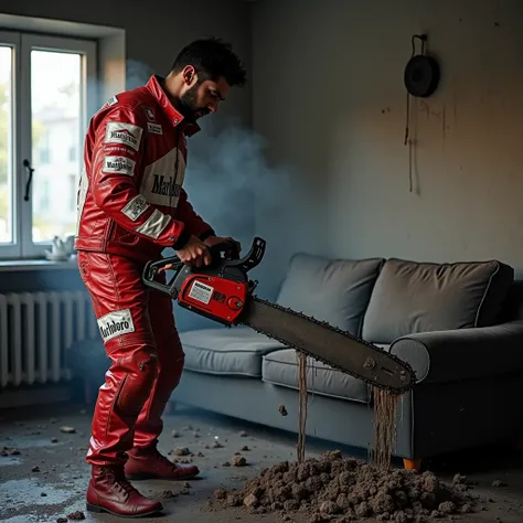  A grown guy in an apartment wearing a red and white Marlboro leather racing jacket with patches and Marlboro leather racing pants with patches, with a powerful dirty giant chainsaw in his hand, ,  There is a lot of black oil flowing from the chainsaw,  de...