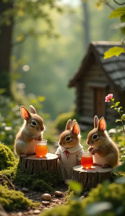 Beautiful forest. Small small animals wearing clothes. Small animals are drinking juice on small stumps. Realistic. Like a Grimms fairy tale. Small animals wearing clothes. A small log house. Summer season. Hot. Dense plants.