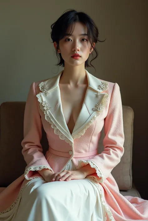 A Korean man in ladies vintage suit dress, he is crossdresser, big breasts like a woman, slender female body, His hairstyle is short and manly, white and Pink two piece skirt suit, long sleeves, Rich lace and frills, short jacket, mermaid long skirt, tweed...