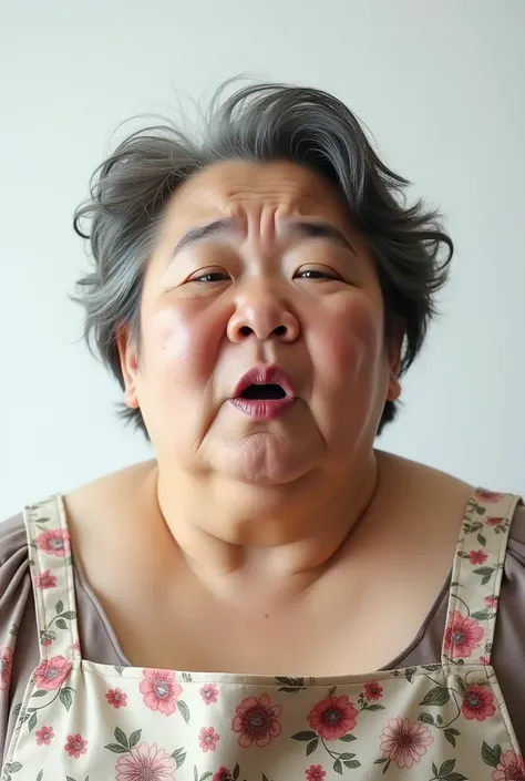   High image quality 。 Headshot of a fat Oriental woman in her 50s。    Her narrowed mouth is wide open   、      and she closed her eyes in surprise   。Pure White Room。Shes shirtless in a floral apron  。