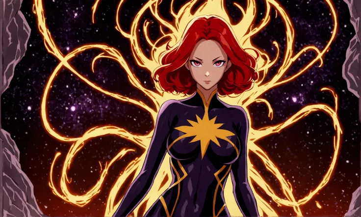 a cute woman in the role of marvels dark phoenix (cute, sexy violet villain costume silhouette of a dark phoenix on her chest, corona of dark energy, evil sexy stare, evil sexy pose) ruins of new york cords and tendrils of dark energy snaking around and pr...