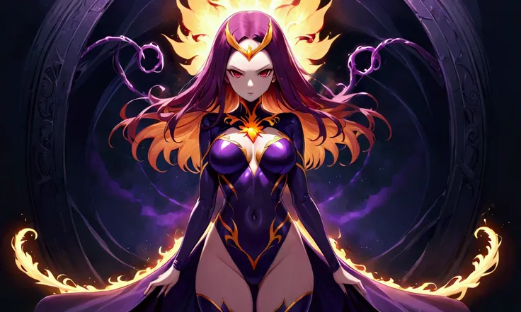 a cute woman in the role of marvels dark phoenix (cute, sexy violet villain costume silhouette of a dark phoenix on her chest, corona of dark energy, evil sexy stare, evil sexy pose) ruins of new york cords and tendrils of dark energy snaking around and pr...