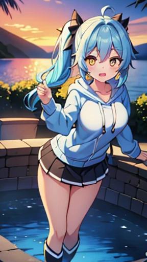 (Side Ponytail, Two Breasts, Big Breasts, Light Blue Hair, Ahoge, Pastel Colored Hair, Long Hair, Wavy Hair, Curly Hair, Beautiful Detailed Eyes, Yellow Eyes, Mascara), (White hoodie, White sweatshirt, Black pleated skirt, Black Skirt, Black boots, ones ha...