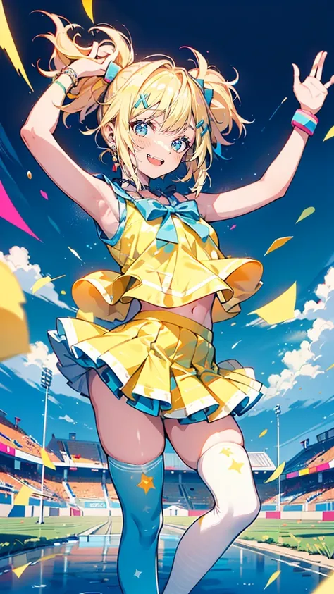 “A bubbly, cheerful high school girl with shoulder-length blonde hair, wearing a cute and colorful cheerleading-inspired outfit. Her bright smile and energetic pose convey her upbeat personality. She is wearing a short pleated skirt, a sleeveless top, and ...