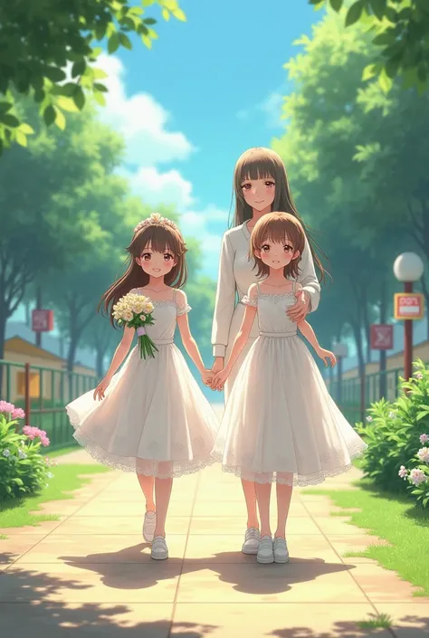  Anime Beautiful Elementary School Sisters Wearing Wedding Dresses、Walking with Her Mother 