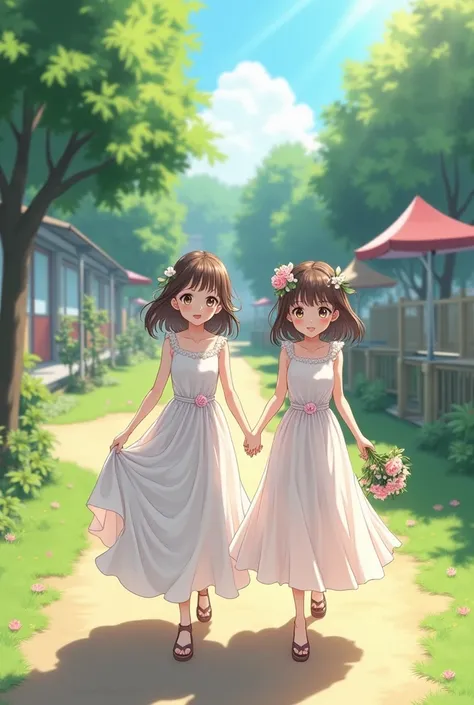  Anime Beautiful Elementary School Sisters Wearing Wedding Dresses、Walking with Her Mother 