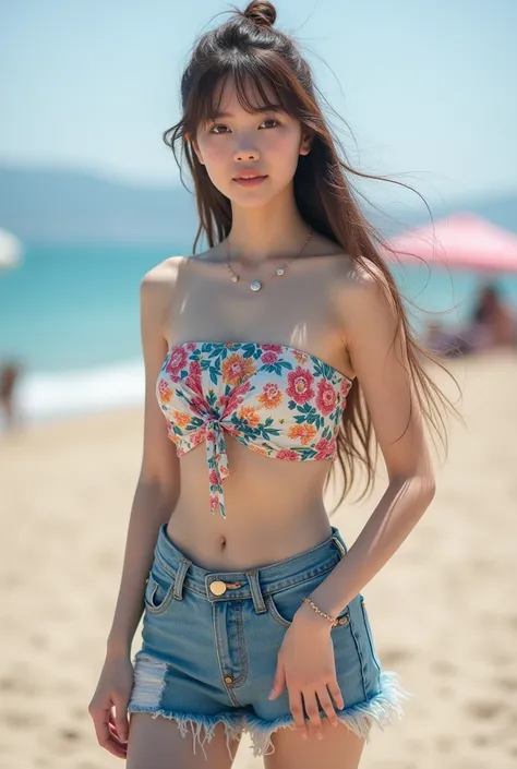 Photography, randomly pose, randomly angle views, A beautiful young female(18 year old), (Pretty JAV Idol, Japanese face), slim face, cute mouth, beautiful eye, beautiful CUP-A chests, pretty model, very long updo hair, Wearing pretty fabric Strapless top,...