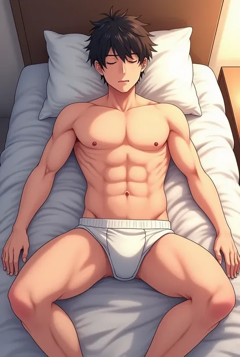 Anime guy takes off his clothes to show off his six-pack, takes off his pants, and also takes off his underwear,Cute, cuddly,Sleeping Wide open legs with semen Take off your pants too.