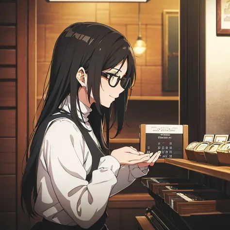  An evening store with a simple and warm atmosphere 。 its dark outside 。 and the inside is a little cold 。 in front of the coffee bean roaster 、 There is a young beautiful woman with long black hair and glasses 。 Shes a roaster 。 She smiles with her hands ...