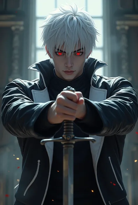 A male character with white hair and red eyes 
With a jacket and white leather and a sword in his hand