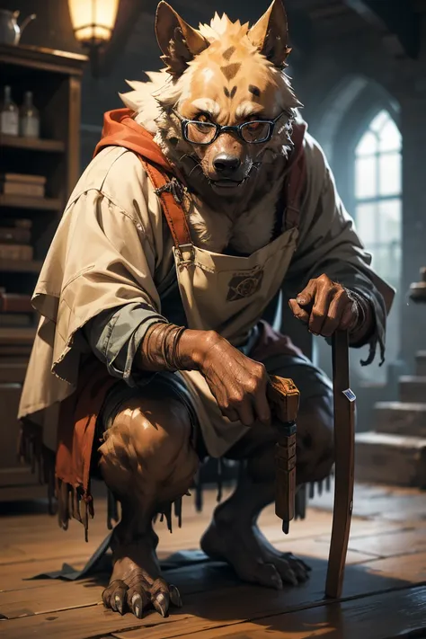 Gnoll, male, glasses, very old, apron, craftsman, meek expression, skinny, hunched over, fantasy, tools, smock, masterpiece, Father