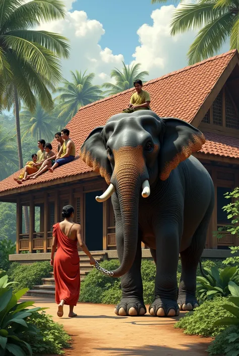 Traditional kera House A Family Sitting On Sit Out,Kerala Elephant have chain eating Leaves and a person infront of elephant 



