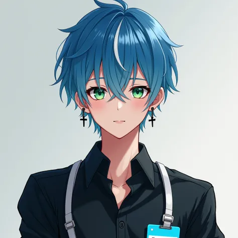 Anime boy with short blue with white hair, sea green eyes, wearing a black office shirt , Name tag with blue neck strap , and white coat. Half-body photo showing arms. Wear black cross earrings. 