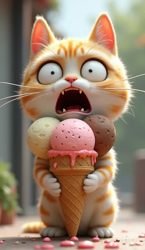 "A humanoid cat holding a triple-scoop ice cream cone, with all scoops falling off at once while the cat looks horrified."
