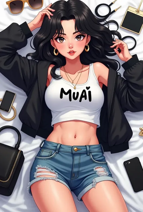 "A captivating anime-style illustration of a young woman with a modern, edgy appearance, lying on a white surface. She exudes confidence and charisma through her casual yet striking pose. Her outfit features a white crop top with bold black text (MUAI) tha...