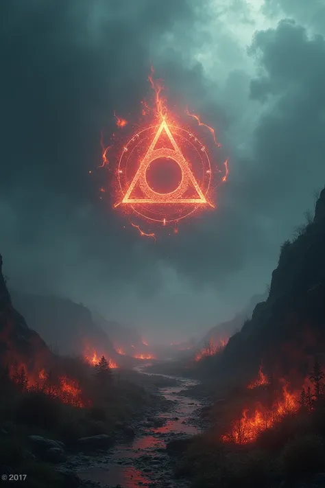 Create a poster of Dark, attractive fantasy background with fire elements some fog bottom of the photo, fantasy illuminati logo. With weather lighting in the back 