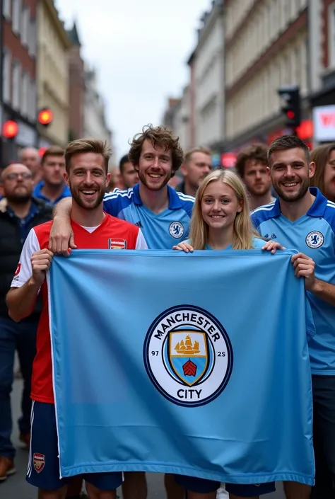 Arsenal and chelsea fans supporting man city by raising a man city banner on road