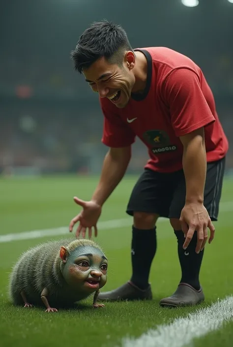 (photorealism:1.1), a caterpillar looking pale, weary, hopeless and tearful at a football pitch side, with a Football warrior (wearing a red jersey and black shorts) mockingly staring at him with laughters 