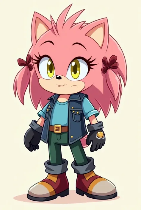 The hedgehog is a soft pink anthropomorphic color, she has yellow eyes, she has needle-like hair of a soft pink color, her hair is tied in a pigtail, yellow eyes, a smile, she wears red mascara under her eyes, wears a blue top in the form of a T-shirt, wea...