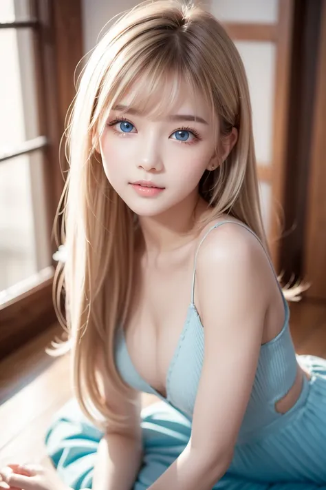  extraordinary sexy beauty、Beautiful calm and bright expression、Sexy and refreshing look、 perfect beautiful cute face with long bangs hanging on a beautiful face、 super long shiny blond silky straight hair、Blonde 、 very bright light blue big eyes 、Very big...