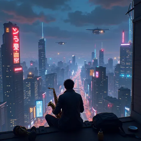 A futuristic city skyline at night with a jazz musician playing a saxophone on a rooftop. Neon lights, cyberpunk, synthwave, urban.