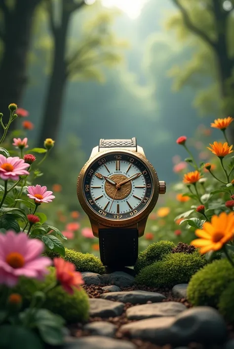 Create a watch in binance logo in a beautiful garden beautiful creation with candle stick trading chat