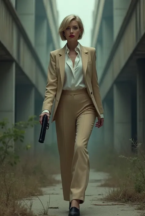 gorgeous  woman, businesswoman, beige suit, black earrings, red lips, black eyeliner, 40 years, blond short hair, walking in an abandonned closed army base. Holding a gun 
