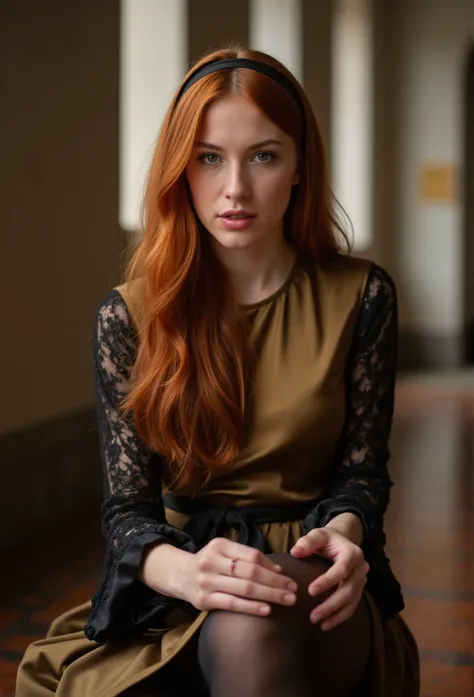 young red haired german woman, beautiful eyes. long red hair. hairband, kneelengh Etuidress in dark gold shiny satin with black lace sleeves, Tights, black Satin ribbonbelt, transparent lip gloss, narrow building, Pretty, 2, Full body photo, long legs, Sat...