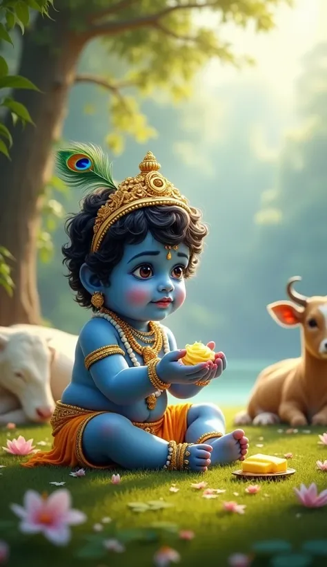 "A divine and enchanting scene of baby Krishna, depicted as a charming  with radiant blue skin, sitting on soft grass under a banyan tree. He is wearing a golden crown adorned with peacock feathers and a delicate string of pearls around his neck. His lotus...