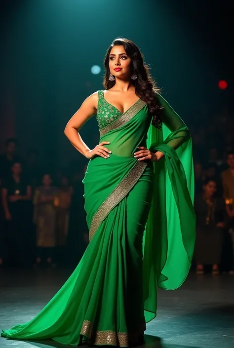 Bollywood star Jahnavi Kapoor is showing her sexy pose on the stage, she is wearing a green colored saree, her youth is visible in it, her big shapely breasts are looking beautiful