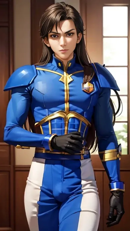 (  best quality ), (Overall view),  beautiful young prince handsome sparkling Power Rangers suit 、18 years old 、 toned and muscular  、 with a cool and handsome face  、Tall 、 long hair 、 long bangs  ,Sensual appearance,  Crotch Bulge 
