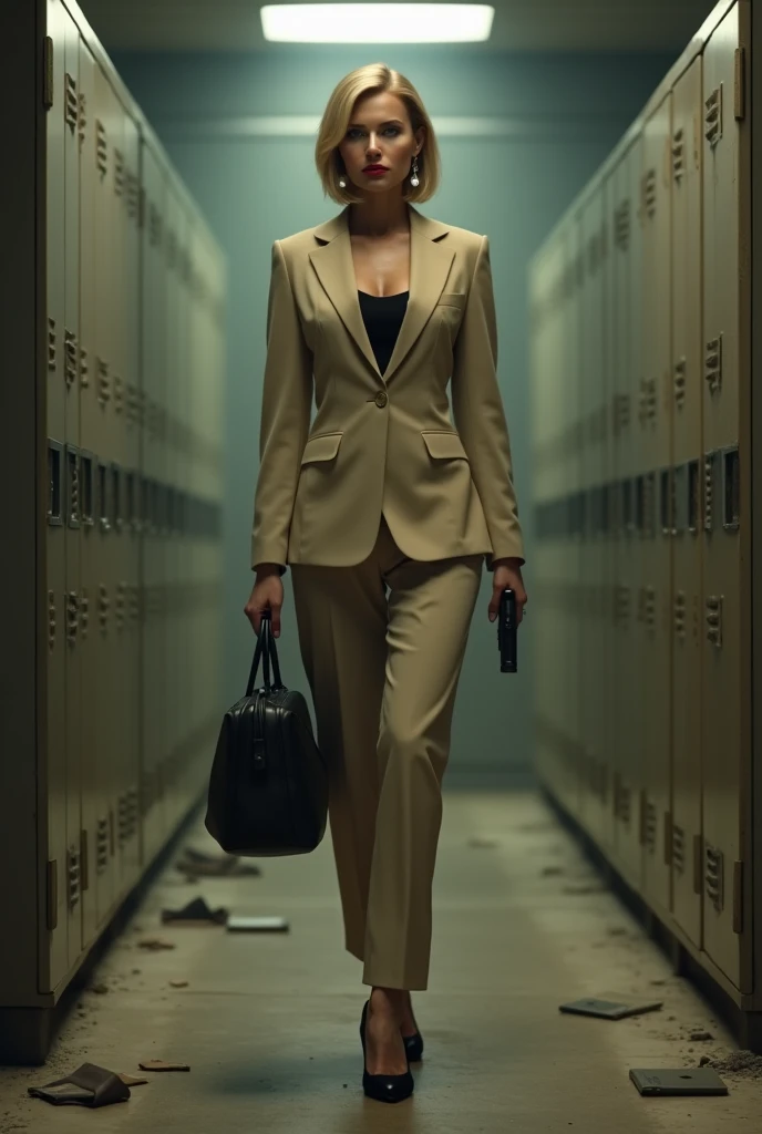 gorgeous  woman, businesswoman, beige suit, black earrings, red lips, black eyeliner, 40 years, blond short hair, walking in an abandonned closed army room. Lockers, files. Holding a gun 
