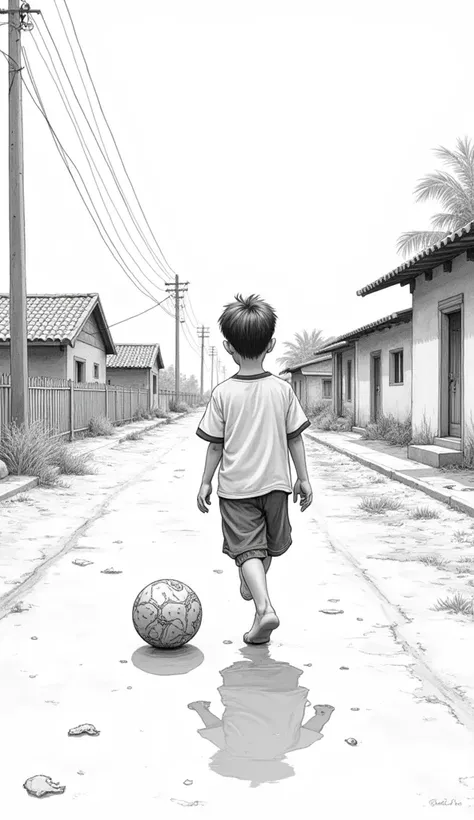 Black-and-white manga art of a young boy playing soccer barefoot on a dirt road with a makeshift ball of rags, surrounded by simple houses."