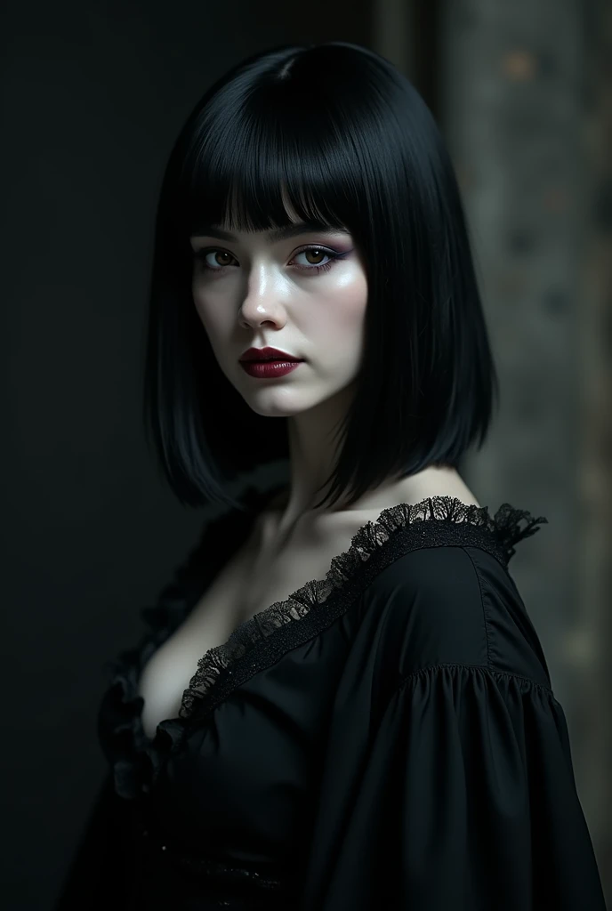 (High quality: 1.3), cinematic shot, masterpiece, (sharp focus: 1.5), (photorealistic: 1.3), medium portrait of (a beautiful young vampire woman, pale skin, gothic, still proud and fierce, straight black short bob hair, dark look, dressed in a highly detai...