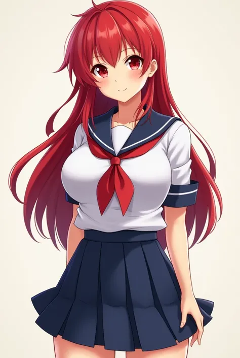  high school girl、Big Breasts、 red hair,  long hair, Red Eye,  sailor suit 、 navy blue skirt、smile、