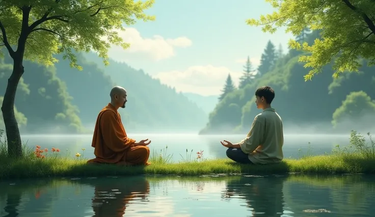 (photorealism:1.2),A peaceful riverside scene with the monk and the young man sitting cross-legged on the grassy bank, the river reflecting the surrounding greenery and sky.