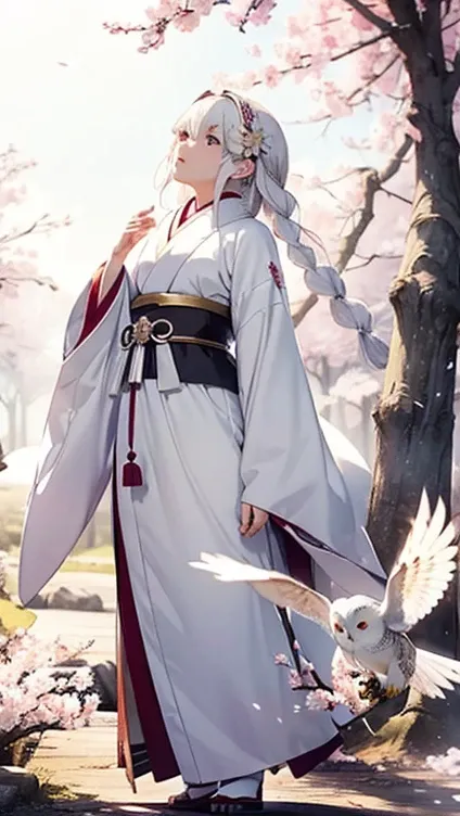 White-haired owl like a human  ( from Japanese mythology )  standing gracefully in a forest where various flowers bloom, Includes cherry blossoms .  Theres an owl  at her feet,  Shes stroking feathers .  as she looks up at the sky ,  while sunlight hits he...