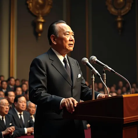 Hong Taechawanit standing on the stage and giving the speech and this time is 1950s focused on front of his face
