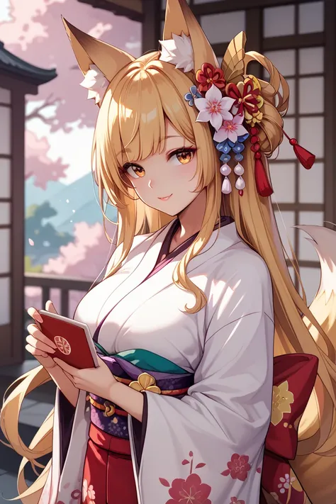  super high quality 、 super high definition 、 pretty girl、 cute、Fox Girl、 fox ear、Fox Tail、Blonde、 Very Long Hair 、 kimono、kimono、