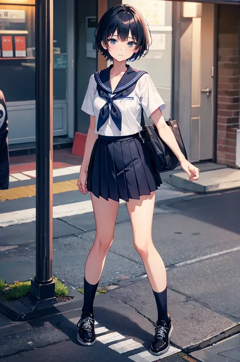 a solo cute boy, sexy boy,traps, short hair, small breast , crossdressing a japan short sleeve high-school uniform ,navy blue short skirt ,black stocking ,wearing a sneaker , standing in a night city at afternoon time, close-up body .